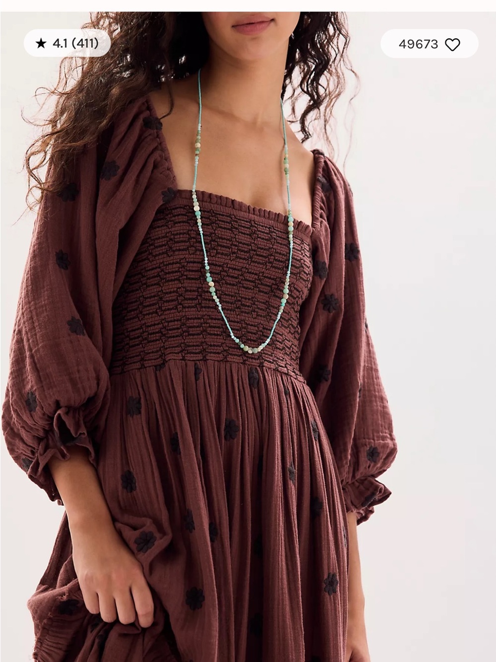 Free People Brown Smocked Bodice Midi Dress with Puff Sleeves
